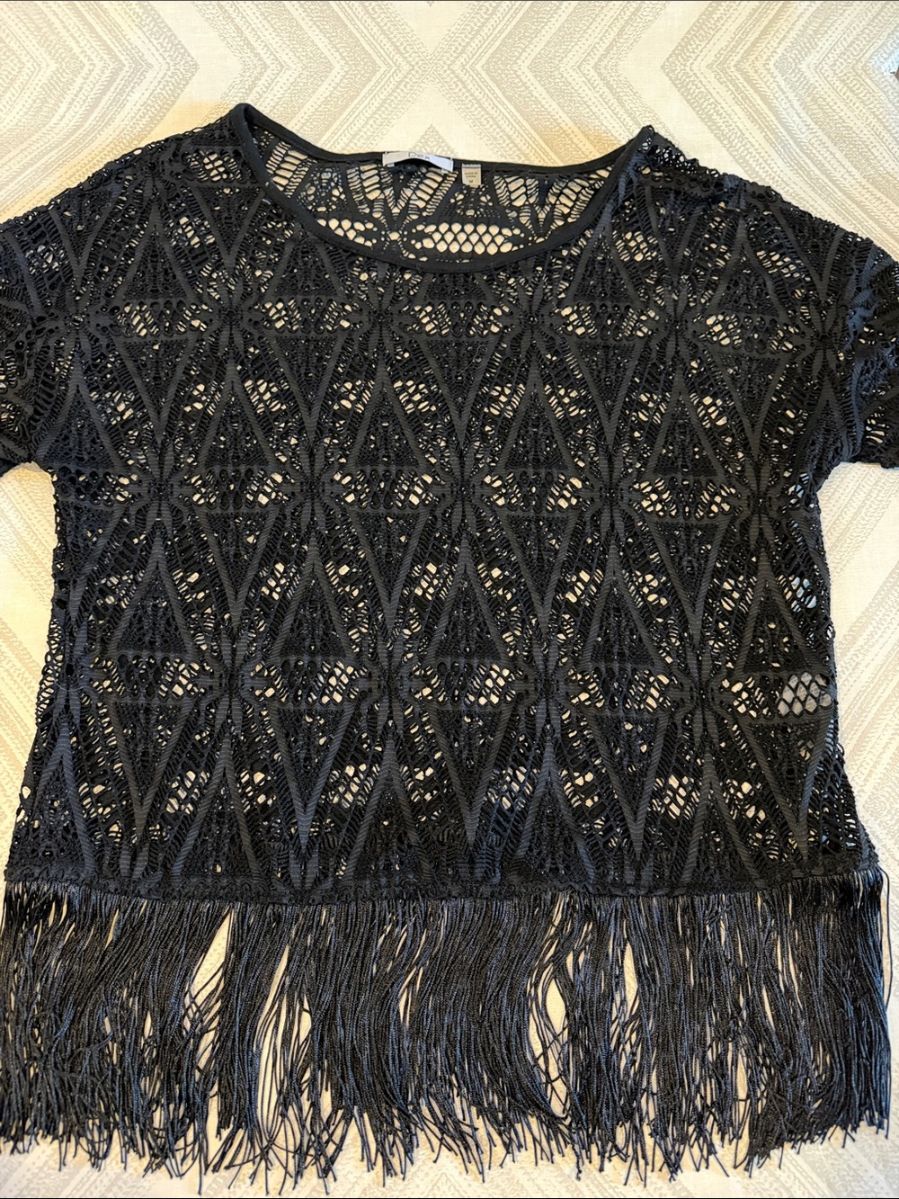 Drew Women’s Black Crochet Short Sleeve Top with Fringe Hem – Size Medium